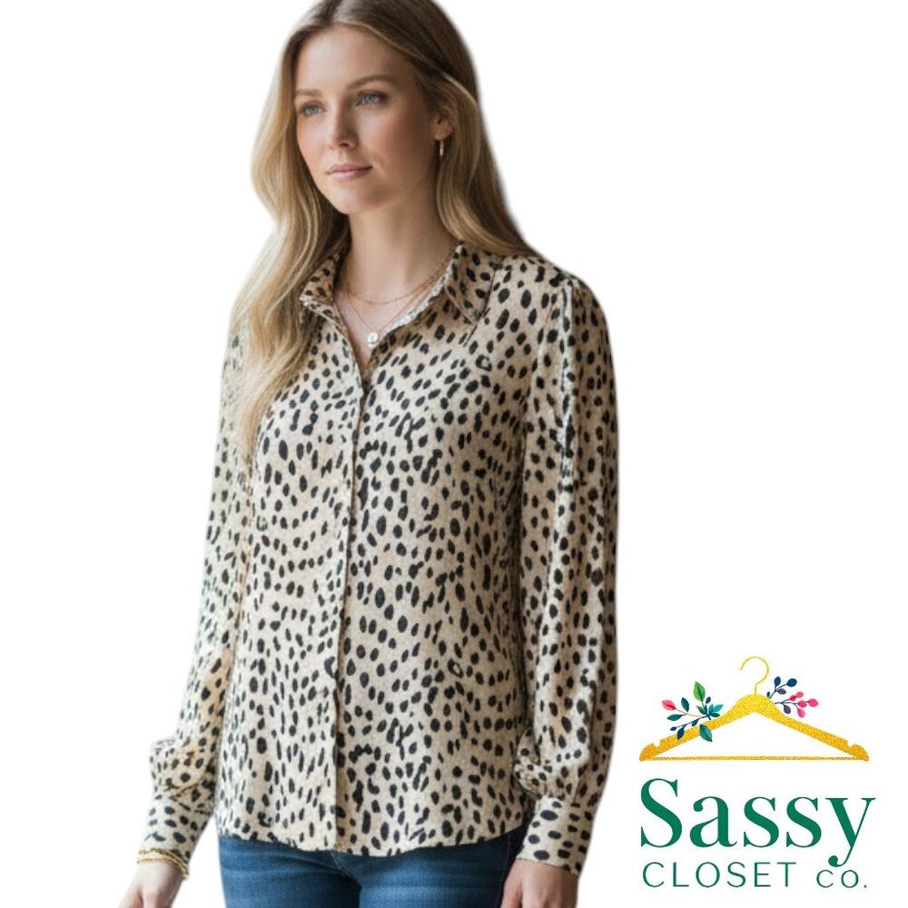 ✨ VINCE CAMUTO Tan Black Animal Print Blouse L Button Front Shoulder Pads